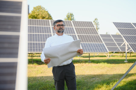 An young engineer is checking with tablet an operation of sun and cleanliness on field of...