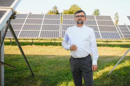 Senior male engineer inspects solar panels on farm. Clean energy