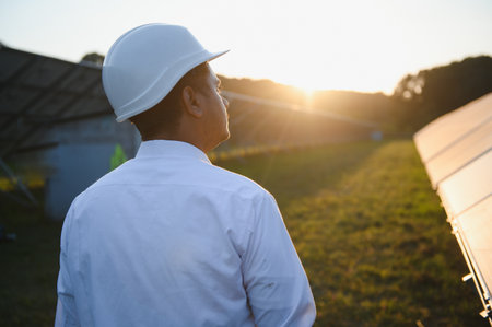 Portrait of Young Indian male engineer standing near solar panels, with clear blue sky background, Renewable and clean energy. skill india, copy space.の写真素材