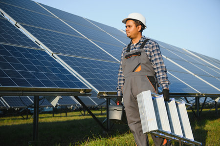 An Indian worker in uniform and with tools works on a solar panel farm.の写真素材