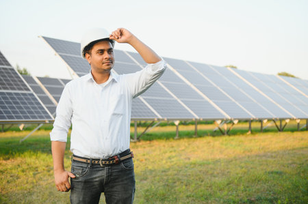 Portrait of a young Indian male engineer or architect at a solar panel farm. The concept of clean energy.の写真素材