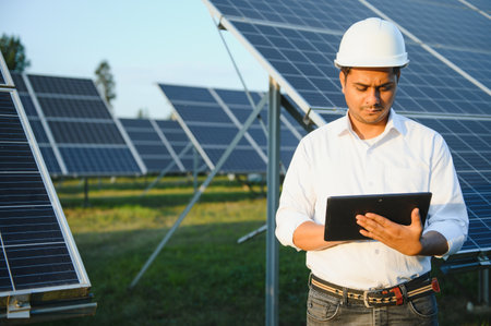 Portrait of Young Indian male engineer standing near solar panels, with clear blue sky background, Renewable and clean energy. skill india, copy space.の写真素材
