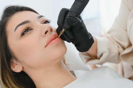 Healthy Spa: Young Beautiful Woman Having Permanent Make-up (Tattoo) on her Lips. Close-up.の写真素材