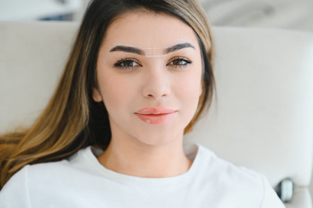 Young woman during professional eyebrow mapping procedure