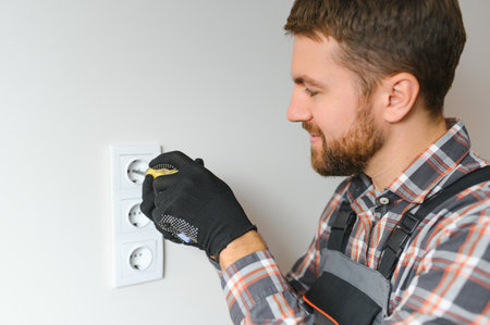 Electrician installs decorative frame on electric and TV sockets.の写真素材