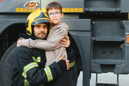 A firefighter take a little child boy to save him. Fire engine car on background.