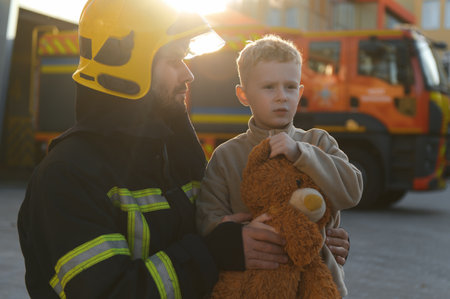 Firefighter holding child boy to save him in fire and smoke,Firemen rescue the boys from fire.の写真素材