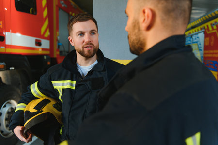 Group of firefighters at the emergency vehicle in the fire station.の写真素材