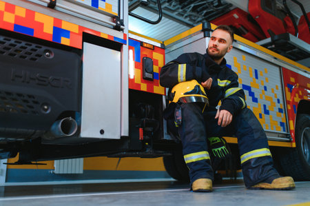 Photo of young fireman near fire engine.の写真素材