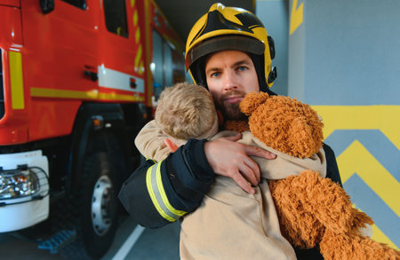 A firefighter take a little child boy to save him. Fire engine car on background.の写真素材