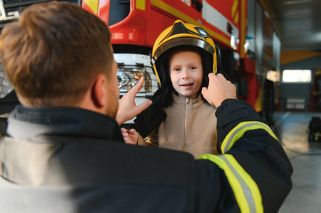 A fireman shows his work to his young son. A boy in a firefighter's helmet.の写真素材