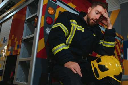 depressed and tired firefighter near fire truck.の写真素材