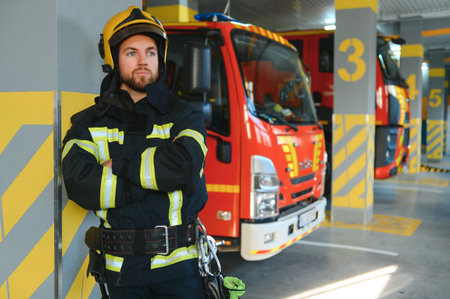 Photo of fireman with gas mask and helmet near fire engine.の写真素材
