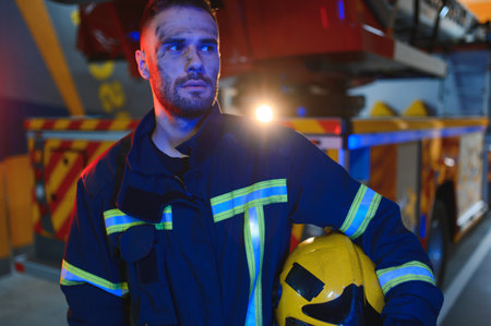 tired firefighter after work in a fire department.