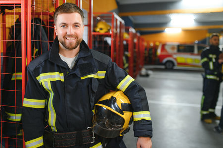 Fireman wearing protective uniform standing in fire department at fire station.
