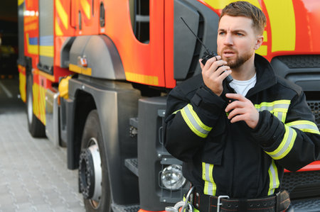 Photo of fireman with gas mask and helmet near fire engine.