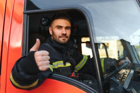 Side view of firefighter in protective uniform driving fire engine.
