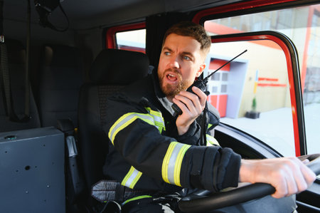 Firefighter drives an emergency vehicle with communication interior view.の写真素材