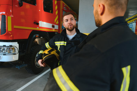 Portrait of two young firemen in uniform standing inside the fire station.