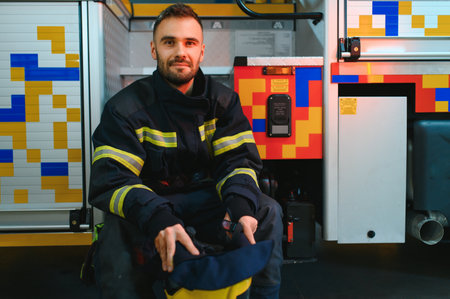 Firefighter portrait on duty. fireman with helmet near fire engine.の写真素材