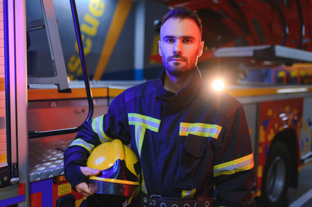 Photo of fireman with gas mask and helmet near fire engine.