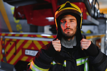 tired firefighter after work in a fire department.