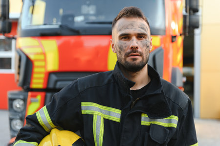 fireman in protective uniform standing near fire engine on station.の写真素材