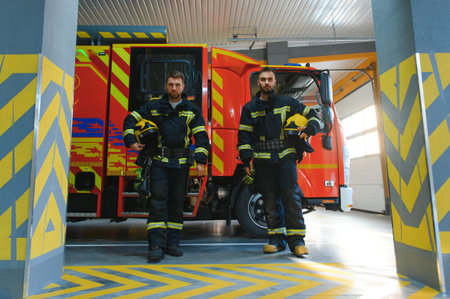 Two firefighters in protective clothing in helmets with fire engine.の写真素材