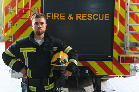 Firefighter in uniform and helmet near fire engine.の写真素材