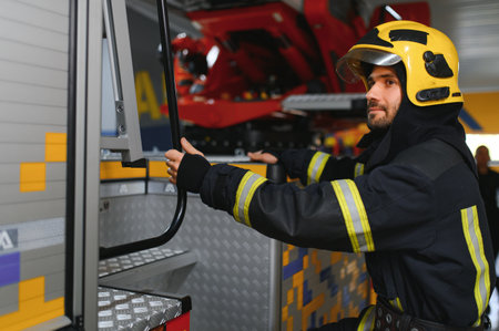 Fireman wearing protective uniform standing in fire department at fire station.の写真素材