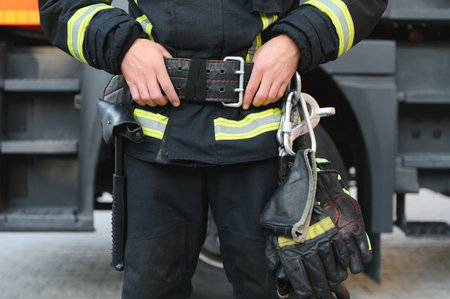 Details with the carabiner and harness of a firefighter.の写真素材