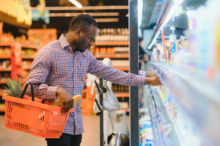 Portrait of smiling man at supermarket. Young African man with shopping basket in grocery store.の写真素材