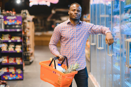 African man shopping at supermarket. Handsome guy holding shopping basket.の写真素材