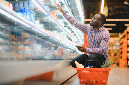 Young African man buying in grocery section at supermarket.の写真素材