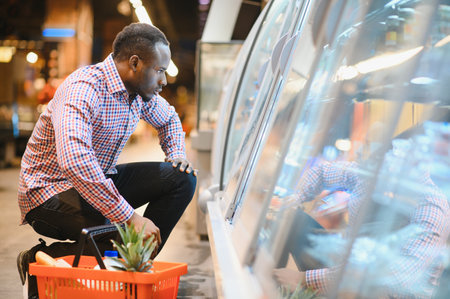 Young African man buying in grocery section at supermarket.の写真素材