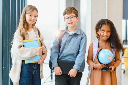 Group of elementary school kids in a school corridor.の写真素材