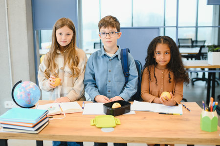 Education is power when selecting food for health. Happy kids take snack break. Nutrition and health education. Healthy eating. Formal education. Private teaching. Education and study.の写真素材