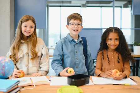 Education is power when selecting food for health. Happy kids take snack break. Nutrition and health education. Healthy eating. Formal education. Private teaching. Education and study.の写真素材
