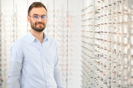 man chooses glasses for vision correction in an ophthalmology salon. Glasses for vision correction.