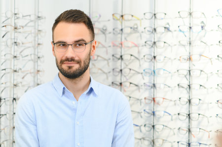man chooses glasses for vision correction in an ophthalmology salon. Glasses for vision correction.の写真素材