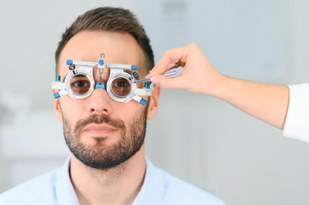 man checking up vision with special ophthalmic glasses.の写真素材