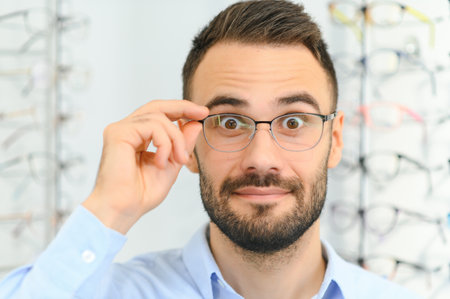 Young man choosing spectacles at optic shop.の写真素材