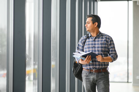 Portrait of a cheerful male international Indian student with backpack. Education concept.