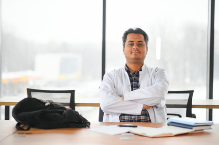 Portrait of a young doctor student studying.の写真素材