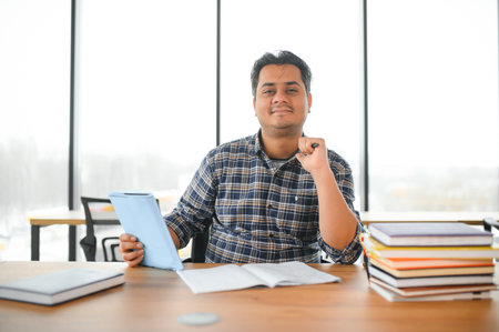 Portrait of a cheerful male international Indian student with backpack. Education concept.