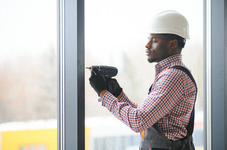 Low Angle View Of A Young African Repairman In Overalls Installing Window.の写真素材