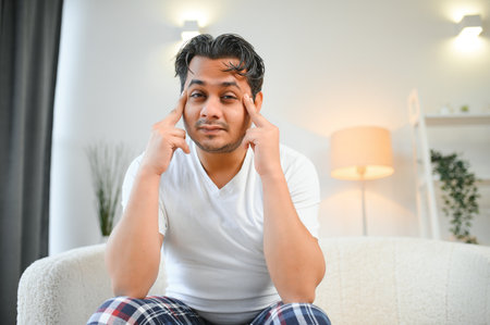 Displeased Indian man rubbing temples to cure headache problem, suffering from tension and migraine, stress grimacing in pain high blood pressure at home room apartment. Hindu guy on couch. Lifestylesの写真素材
