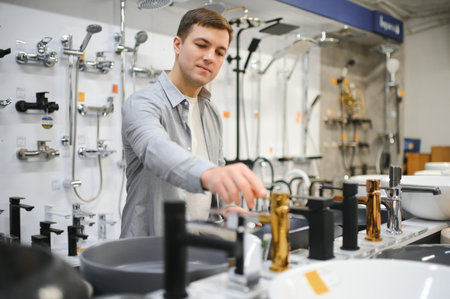 Man choosing a batgh sink with sales person.の写真素材