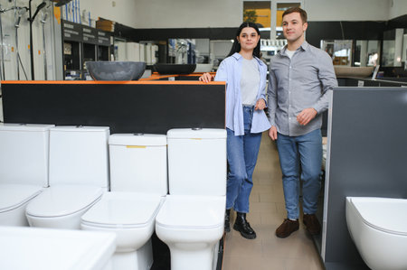 Couple choosing home toilet in store.の写真素材