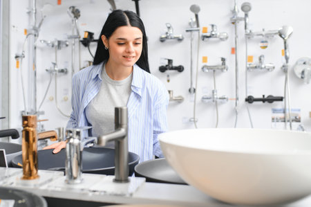 Woman inspects and chooses new kitchen or bath tap faucet at a hardware store.の写真素材